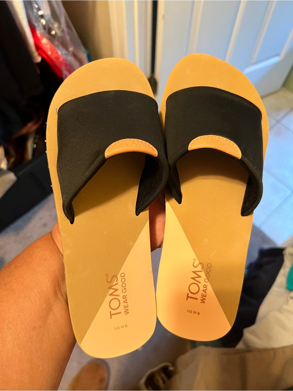 TOMS Black Slide Sandals with Tan Footbed